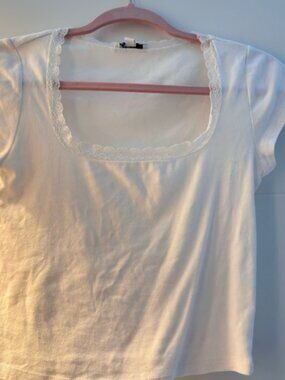 White Short Sleeve Women's Top with lace trim